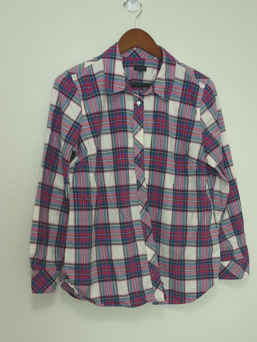 Talbots White Plaid Button-Down Shirt with Pink and Blue Accents
